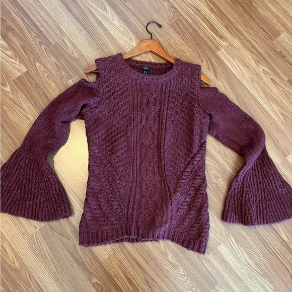 G.I.L.I. Got It Love It Cold Shoulder Burgundy Sweater with Bell Sleeves - Picture 3 of 16